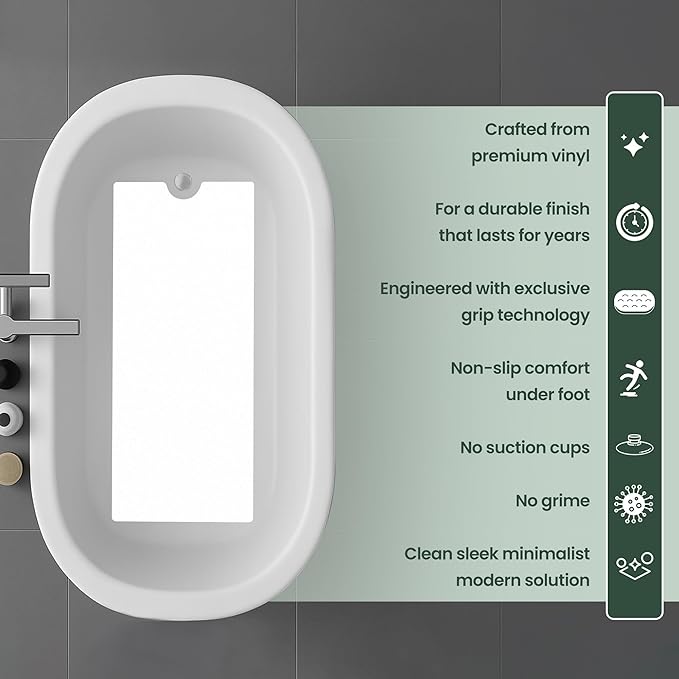 Peel and Stick Bathtub Mat - White Adhesive Vinyl Anti Slip with Drain Cut Out - Non Slip Shower Bath Mat - Extra Long Bathroom Accessory for Wet Area 16" X 40" - White