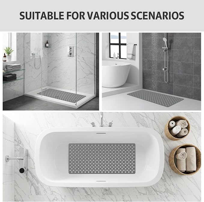 XIYUNTE Shower Mat Non Slip Bath Mat for Tub - 35" x 16" Soft TPE Bathtub Mat Non Slip Shower Mats for Inside Shower, Anti Slip Shower Mat with Suction Cups, Quick-Drying Bath Tub Mat, Grey