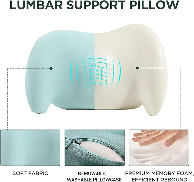 BYMECOST Lumbar Support Pillow for Office Chair, Car Lumbar Pillow Lower Back Pain Relief, Memory Foam Back Cushion, Ergonomic Chair Back Pillow for Gaming, Traveling, Car, Bed (Green)