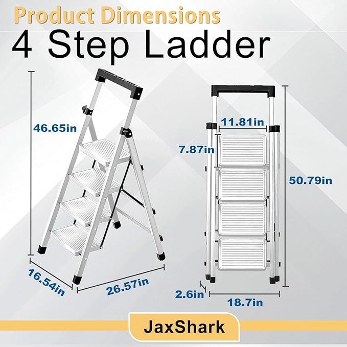 4 Step Ladder with Handrail Folding Step Stool with Tool Tray 500LBS Capacity Sturdy Carbon Steel Frame Anti-Slip Stripe Pedal for Home Kitchen Garage (white-4step)