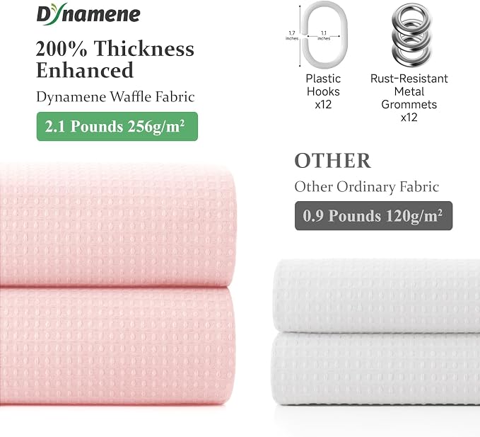 Dynamene Pink Fabric Shower Curtain - Waffle Weave Textured Heavy Duty Cloth Shower Curtains for Bathroom, 256GSM Hotel Luxury Weighted Bath Curtain Set with 12 Hooks,72x72, Pink