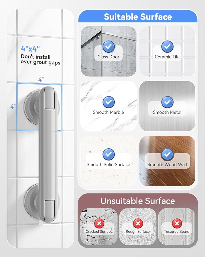 JOTPE 2 Pack Suction Cup Grab Bars for Shower, Heavy Duty Shower Handle for Bathroom Safety, Tool-Free Removable Bathtub Grab Bar for Elderly Balance Support, Grey