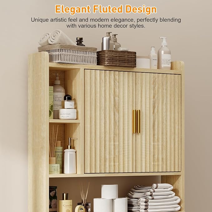 knoworld Fluted Over The Toilet Storage Cabinet, Above Toilet Bathroom Organizer with Toilet Paper Holder, Modern Behind Toilet Cabinet, Space Saver for Restroom, Bathroom, Laundry, Natural Oak