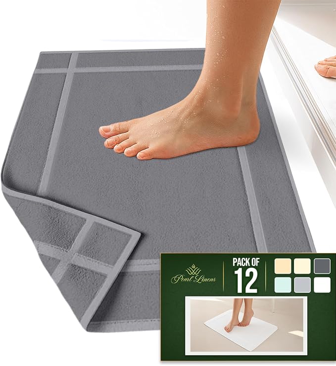 Pearl Linens 100% Ring Spun Cotton Bath Mat (Pack of 12) 20 x 30 Inch, Washable, Soft & Absorbent Terry Bathroom Floor Mat – Not Bathroom Rugs – Quick-Dry After Shower Bath Mat, 687 GSM, Light Grey