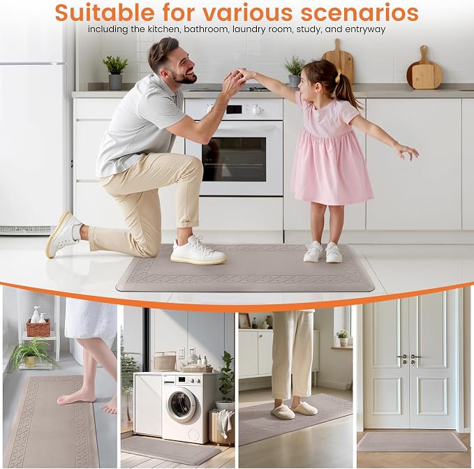 4/5 Inch Thicker Kitchen Mats for Floor Non-Slip Anti Fatigue Comfort Mat Waterproof Kitchen Rug for Sink, Office,Home Stain Resistant Standing Desk Rugs-17.3"x 47", Khaki