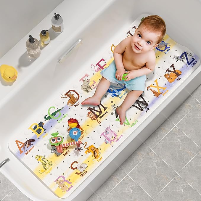 AmazerBath Baby Bath Mat Non Slip, Cartoon Kids Bath Mat for Tub 40 x 16 Inches Full Size Shower Stall Mats - Alphabets & Animals