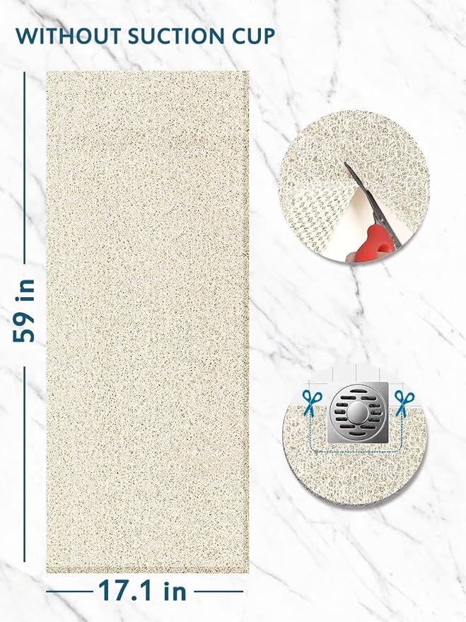 godehone Shower Mats Non Slip Without Suction Cups, PVC Loofah Bathroom Mats, Loofah Mats for Shower and Bathroom, Quick Drying, 17.1× 59 Inch, Beige