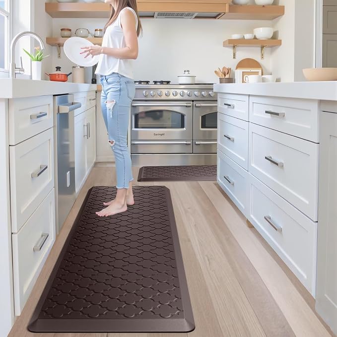 Kitchen Mats for Floor 2 Piece - Anti Fatigue Mats for Kitchen Floor - Non Slip Cushioned Rugs for Standing, Office, Sink, Laundry, Chocolate