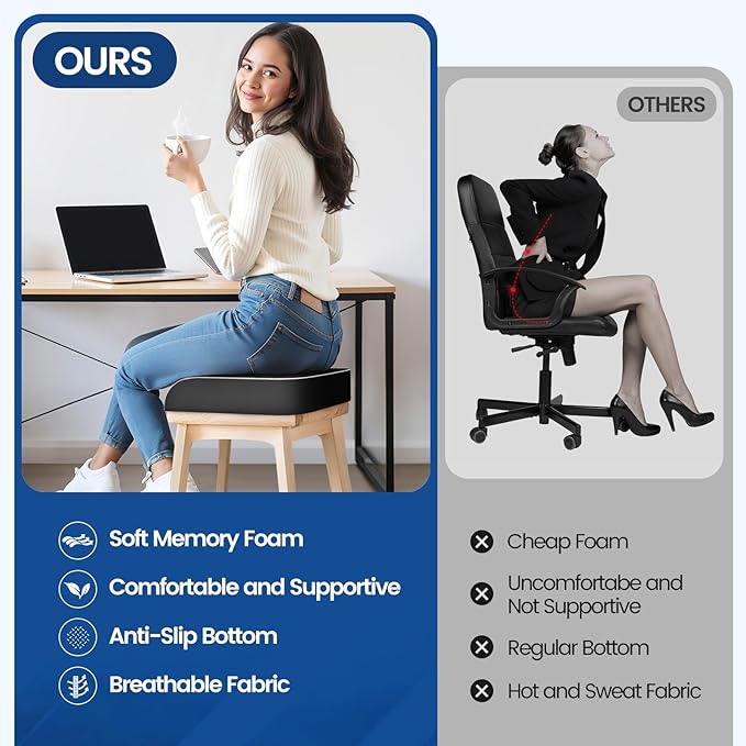 SweetSlubr Seat Cushion for Tailbone Pain Relief, Office Chair Cushion, Memory Foam Large Chair Cushion with Non-Slip Cover for Soft Support at Office Chair, Car Seat, Airplane Black/XLarge