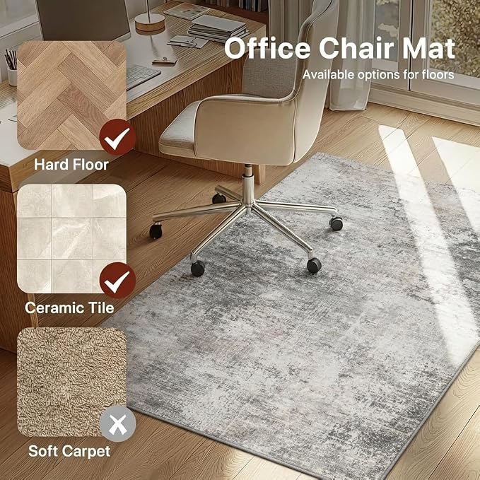 48"x72" Office Chair Mat for Hardwood Tile Floor, Under Desk Carpet Protector for Rolling Computer Chair Mat, Machine Washable Area Rug, Anti-Slip 1/5" Thick Low Pile Thin Vinyl Floor Mat, Mist Grey