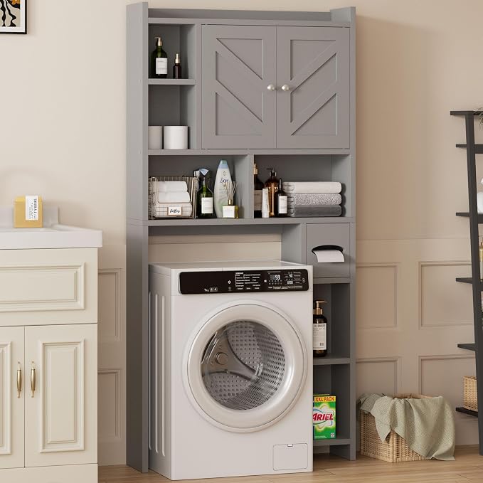 Shintenchi Over the Toilet Storage Cabinet, Bathroom Storage Cabient with Barn Doors, Bathroom Storage Shelf Organizer with Toilet Paper Holder, Adjustable Shelf and Anti-Tip Device, Gray