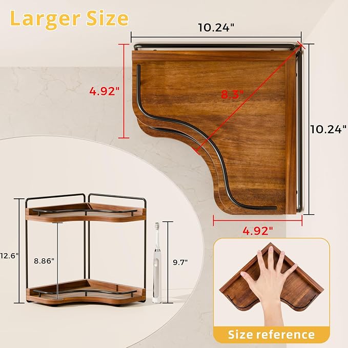 2-Tier Corner Bathroom Counter Organizer with Embedded Screw Holes, Secure & Stable Wood Vanity Shelf for Makeup and Skincare Essentials - Space Saving Bathroom Countertop Storage(Acacia wood-Brown)