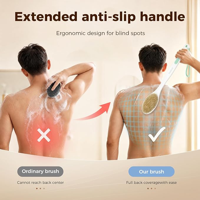 Back Scrubber for Shower with Long Handle,Green | Double Sided Bristles (Stiff & Soft), Anti-Slip Grip, Lightweight - Gift for Seniors, Includes Lanyard & Hook