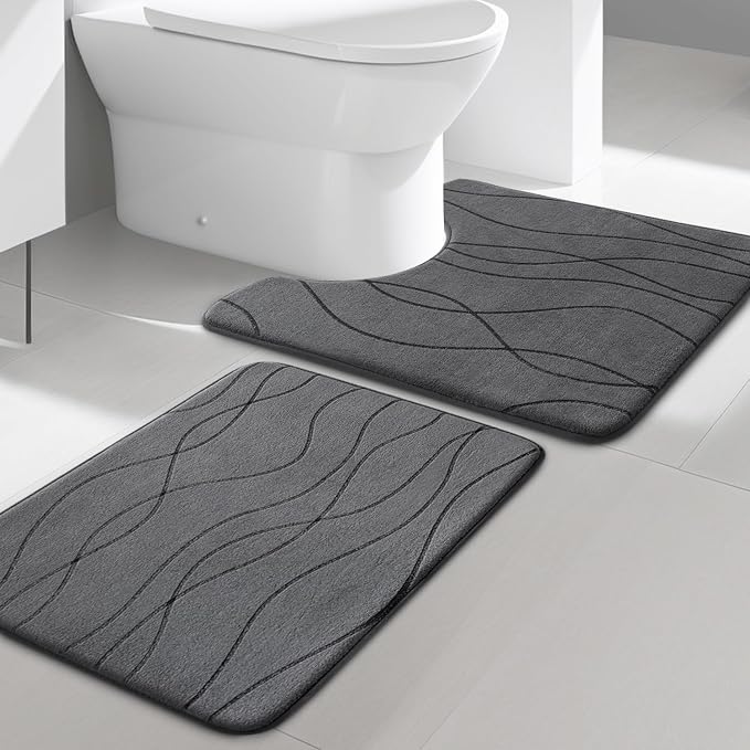 YIHOUSE Memory Foam Bathroom Rug Sets, Dark Grey, 2 Piece-U Shape Small Mat | Ultra Soft, Absorbent, Non-Slip, Machine Washable