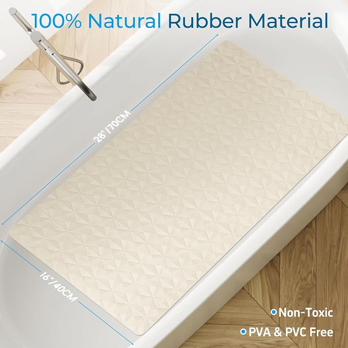 Non Slip Bathtub Mat for Bath Tub Shower - Natural Rubber Mat with 241 Suction Cups - Soft Bathroom Safety Mat - Unique Diamond Pattern - Fatigue Relief - Machine Washable - 16 × 28 Inch