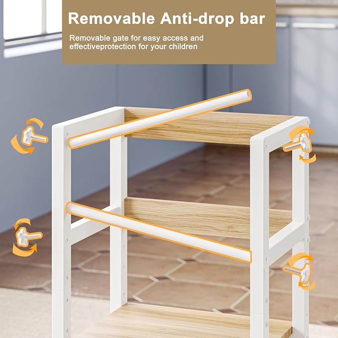 INNOD Kitchen Step Stool for Toddlers, Height Adjustable Toddler Tower with Safety Rail, Steel and Wood Toddler Kitchen Stool Helper Kids, Stool for Kids, Learning Tower, Kids' Desk Wood White