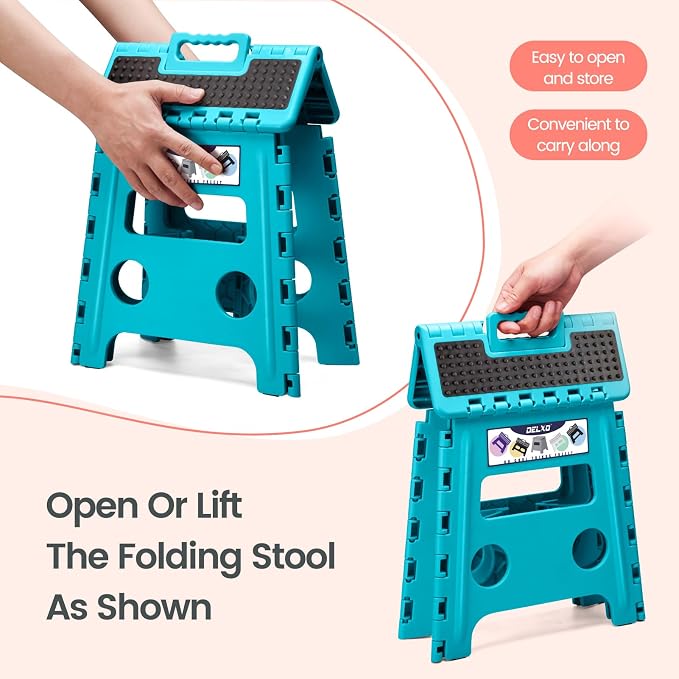 Delxo Folding Step Stool, 13 inch Non-Slip Foldable Stools Up to 300 LBS, Step Stool with Handle, Lightweight for Kitchen, Bathroom, Bedroom, Garden Stepping Stool with Dotted Blue 1 PC