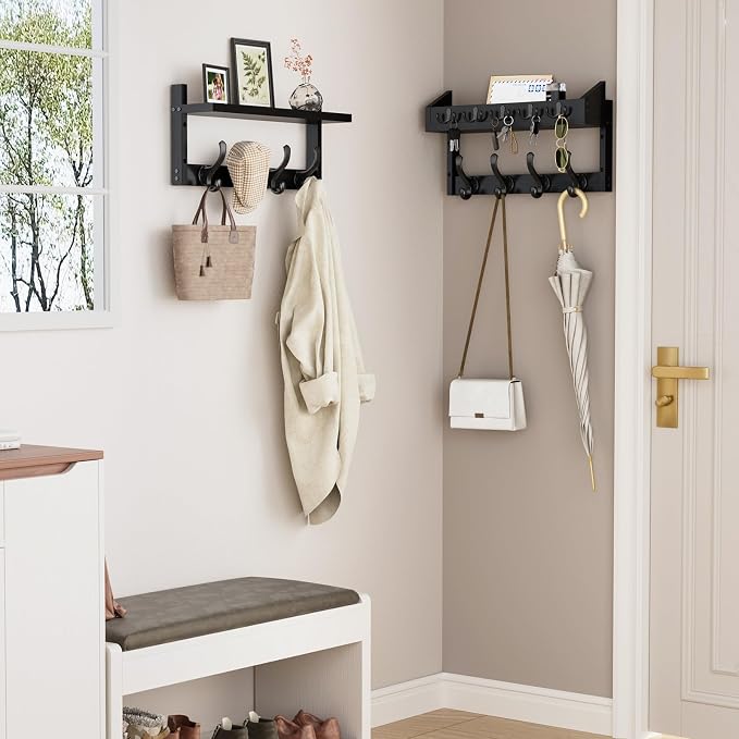 Evermagin 35" Coat Rack Wall Mount with Shelf, 4 in 1 Wall Mounted Coat and Key Hanger with 13 Hooks, Entryway Key Holder with Mail Holder for Living Room, Bedroom, Black
