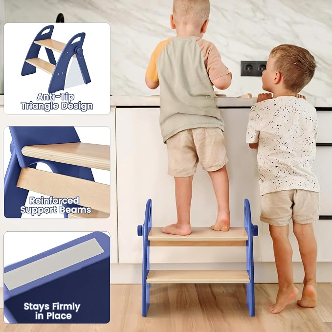 Step Stool for Toddlers, Foldable Wooden 2 Step Stool, Toddler Step Stool for Bathroom Sink & Potty Training, Kitchen Helper with Handles and Non-Slip Pads