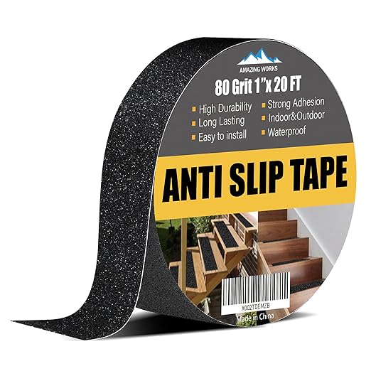 Grip Tape - Heavy Duty Anti Slip Tape 80 Grit Non Slip for Stairs Outdoor/Indoor, Waterproof High Traction Stairs Non Skid Treads, Durable Triple Layer Adhesive - Black (1 Inch x 20 Feet)