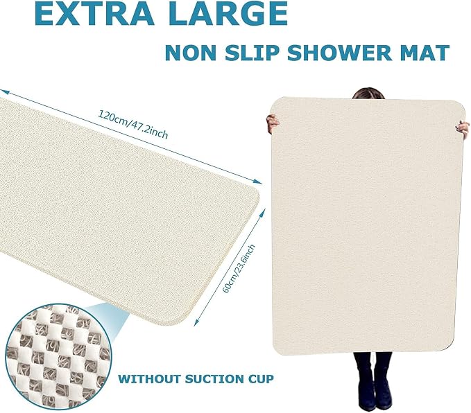godehone Shower Mats Non Slip Without Suction Cups, PVC Loofah Bathroom Mats, Loofah Mats for Shower and Bathroom, Quick Drying, 23.6× 47.2 Inch, Beige