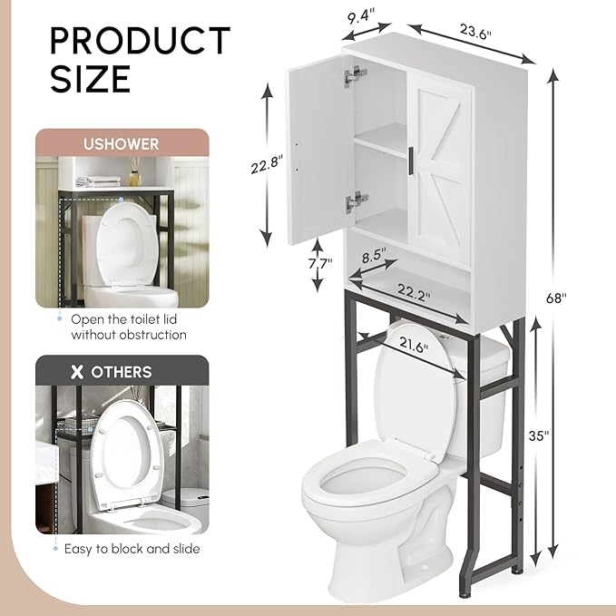 USHOWER Over The Toilet Storage Cabinet, Bathroom Organizers and Storage with Barn Doors, Thicken Metal Stand & MDF Wood Above Toilet Storage Cabinet, Freestanding Space Saver, White