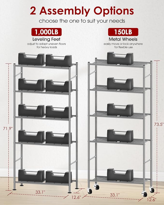 Sakugi Storage Shelves Organizer - 5 Tier Metal Shelf Organizer with Metal Wheels and Adjustable Leveling Feet, Heavy Duty Garage Shelving for Kitchen, Pantry and Closet, 33.1"x12.6"x73.5", Sliver