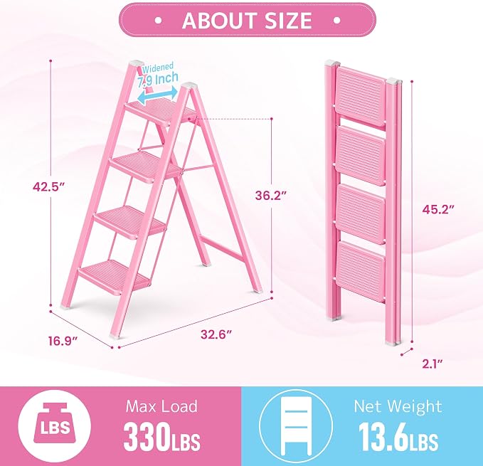 Pink 4 Step Ladder, Sturdy Foldable Ladder, Integrated 7.9Inch Wide Pedal and Anti-Slip Feet for Steady Support, Suitable for Kitchen, Closet, Indoor and Outdoor Use, 330Lbs Load