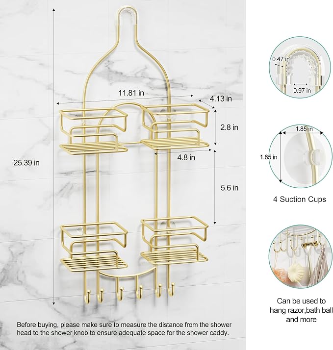 SRIWATANA Shower Caddy Hanging, Bathroom Organizer, No Drilling Shelves Over Shower Head, Bath Rack Holder with Hooks for Razors and Sponge - Gold