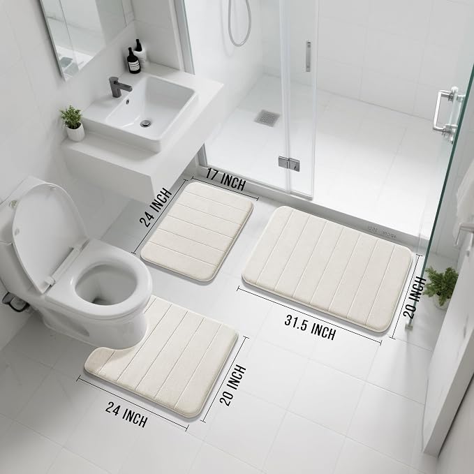 Yimobra Memory Foam Bath Mat Set 3 Pieces- Super Soft Absorbent Quick Dry Bathroom Rug Sets, Machine Washable Non Slip Floor Carpet for Tub Shower, Vanity & Toilet Base, Cream White