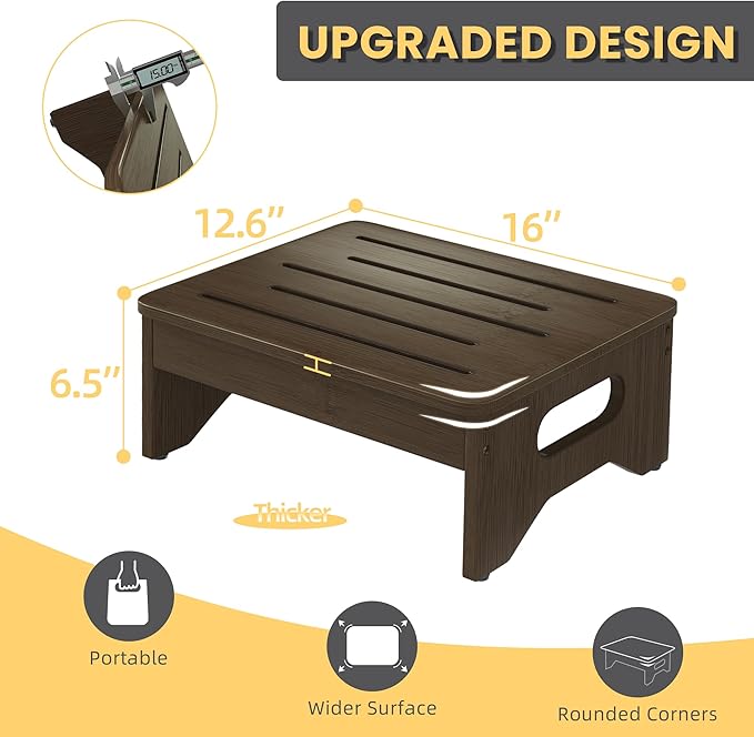 Wooden Step Stool for Adults & Kids, Non-Slip Rubber Feet, 6.5 INCH High, Lightweight Small Step, 450 LBS Capacity, Bed Step Stool for High Bed, Bathroom & Kitchen (Walnut)