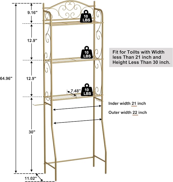 HOME BI Over The Toilet Storage Shelf, 3-Tier Over Toilet Bathroom Organizer Rack, Freestanding Space Saver Toilet Stands with Hooks (Gold)