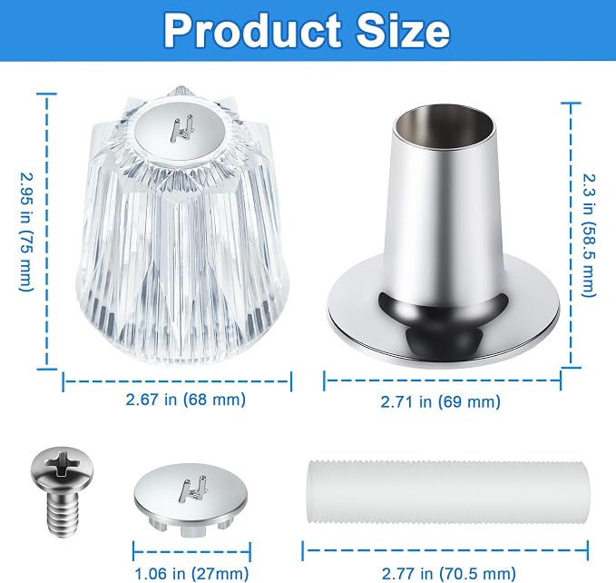 Shower Knobs 3 Piece Replacement and Flange Base, Clear Acrylic Plastic Hot/Cold/Diverter Shower Knob Compatible with Price Pfister Contessa and Windsor Bathtub Shower Faucet Handle