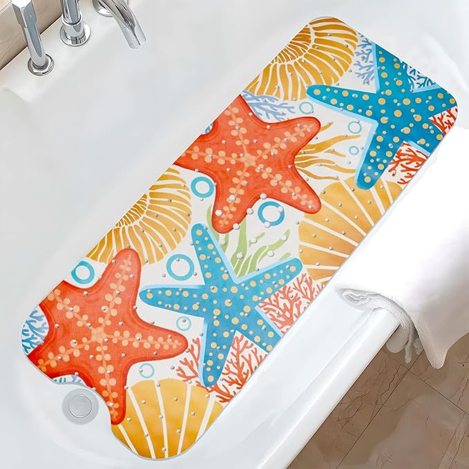 Ocean Bathtub Mat Non Slip, Cute Baby Bath Mat for Tub Rubber Tub Mat, Starfish Seashells Toddler Kids Bath Mats for Bathroom Anti Slip Shower Mat with Suction and Drain Holes Machine Washable,40″x16″