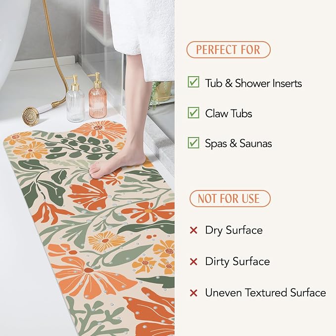 SHUCHING Boho Bath Mat for Tub Non Slip-40 X 16Inch, Flower Bathtub Mat Anti Slip for Women, Extra Long Shower Mat for Bathroom Mold Free, Machine Washable