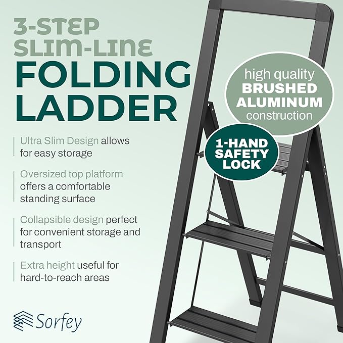 Step Ladder 3 Step Folding, Decorative - Modern Beautiful Black Aluminum,Lock Mechanism, Ultra Slim Profile, Anti Slip Steps, Sturdy-Portable for Home, Office, Kitchen, Photography Use,by SORFEY