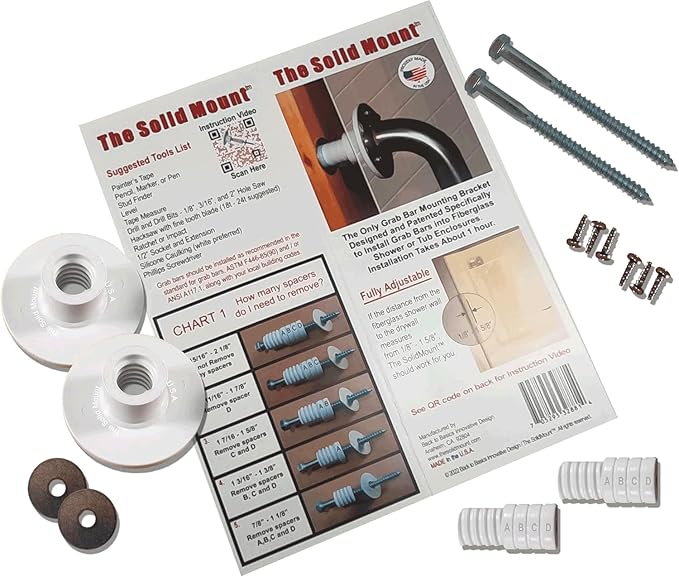 Grab Bar Mounting Kit for Fiberglass Showers - The Solid Mount Made in USA | Anchors directly into a wall stud. One-piece spacer helps prevent rotation and uneven compression. Grab Bar Not Included.
