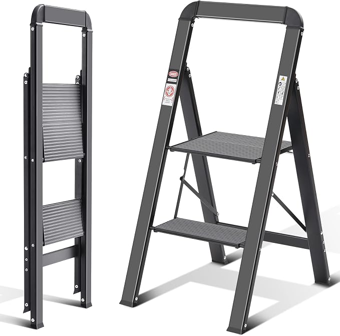 KINGRACK Aluminium 2 Step Ladder, Lightweight Step Stool with Non-Slip Pedals, Handrail, 330LBS Foldable Step Ladder for Kitchen, Garage, Home, Space Saving, Sturdy and Portable, Black