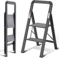 KINGRACK Aluminium 2 Step Ladder, Lightweight Step Stool with Non-Slip Pedals, Handrail, 330LBS Foldable Step Ladder for Kitchen, Garage, Home, Space Saving, Sturdy and Portable, Black
