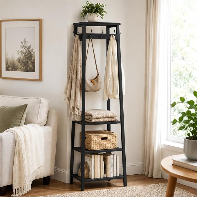 Coat Rack Freestanding, Coat Stand with 3 Shelves and 7 Hooks, Hall Tree Free Standing, Clothes Rack Stand Organizer for Bedroom, Hallway, Entryway, Living Room, Industrial Style, Black