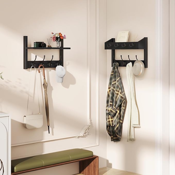 YMYNY 31.5" Coat Rack Wall Mount with Shelf, 4 in 1 Key and Coat Hanger with 12 Metal Hooks, Wall Shelf with Hooks & Mail Holder for Living Room, Bedroom, Black, HWS007B-2