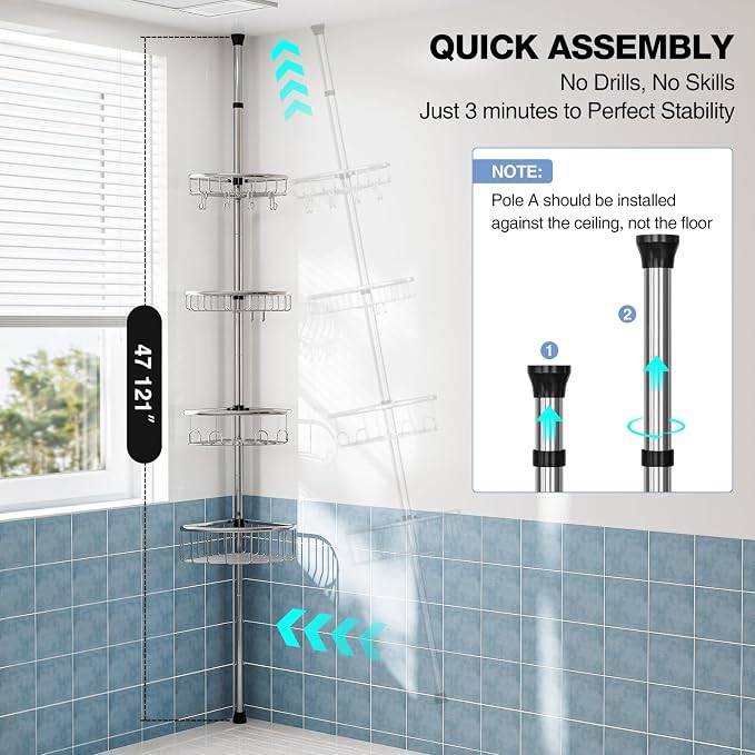 Corner Shower Caddy Tension Pole: Stainless Steel Rustproof 4-Tier Shower Organizer - 47-121 inch Adjustable Bathroom Shelves for Bathtub Shampoo Storage - Tension Rod Floor Standing Bath Rack