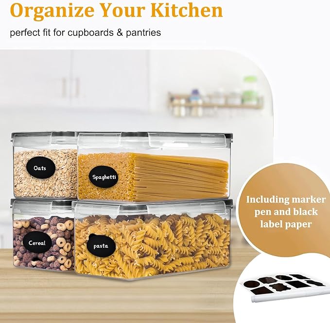 Airtight Food Storage Containers with Lids, 3.2L BPA-Free Plastic Canisters for Spaghetti, Cereal, Oats & Kitchen Pantry Organization, 4 Pack