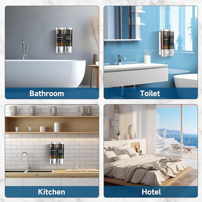 Shampoo and Conditioner Dispenser,Unisence Shower Dispenser 2 Chamber No Drill Wall-Mounted Shampoo Dispenser for Shower Wall Mounted Body Wash Dispenser for Bathroom Hotel Large Capacity,Silver