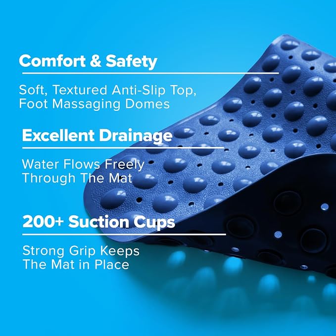 SlipX Solutions Power Grip Extra Long Bath Tub & Shower Mat 39x16, Wet Floor Non-Slip for Elderly & Kids Bathroom, 30% Longer Bathtub Mats, 200 Suction Cups, Drain Holes (1, Navy)