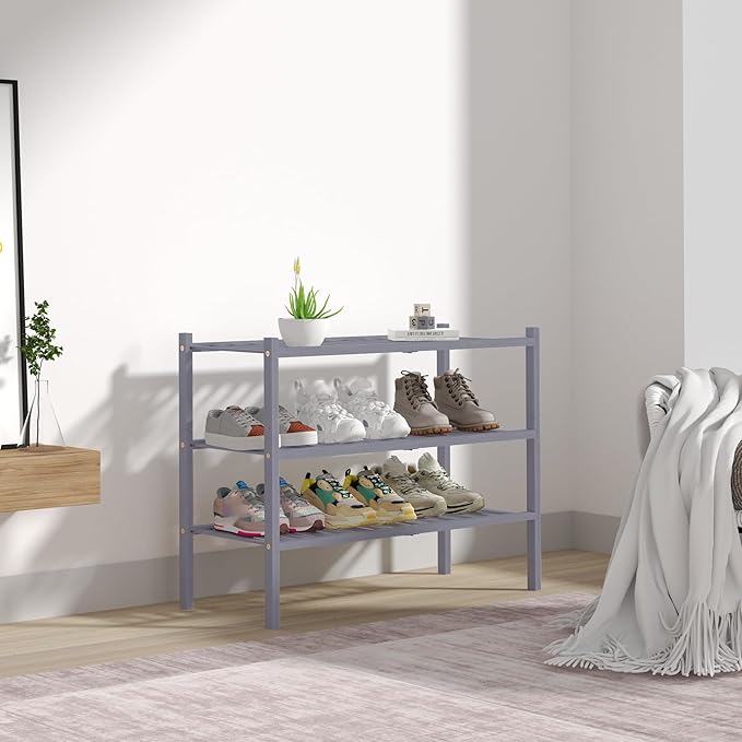 ROMGUAR CRAFT 3 Tier Bamboo Shoe Rack for Closet Free Standing Wood Shoe Shelf Storage Organizer for Entryway Small Space Stackable 27"x11"x20" (Grey)