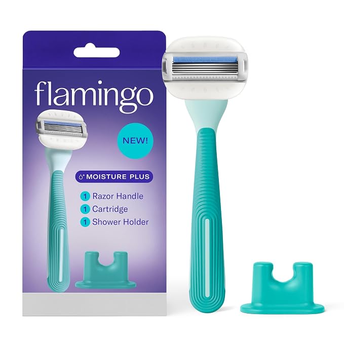 Flamingo Moisture Plus Women's Razor Set - No Shave Gel Needed - 1 Razor Handle, 1 Blade Refill, Shower Holder - Seafoam