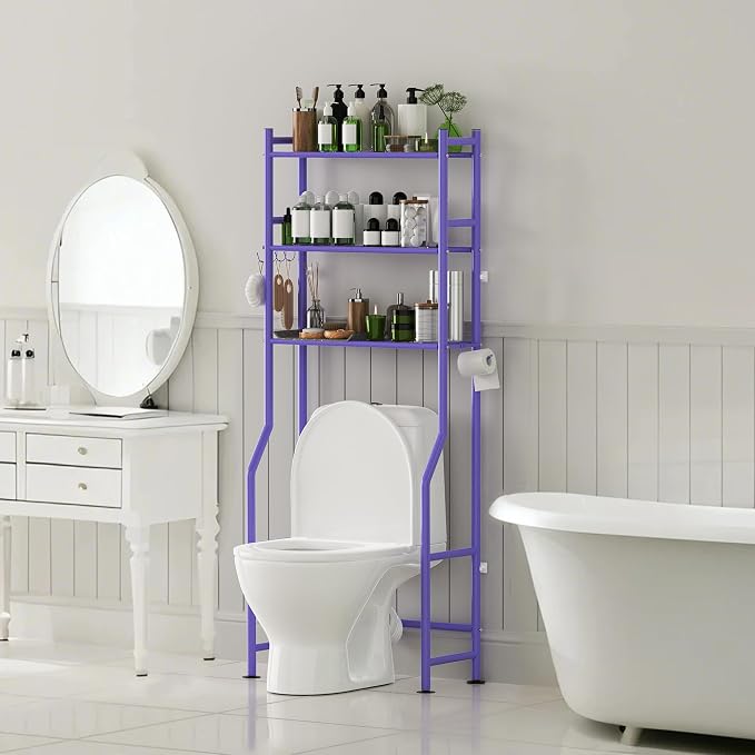 3-Tier Over The Toilet Storage Organizer, Space-Saving Bathroom Rack with Paper Holder & 4 Hooks, 64" Tall Freestanding Carbon Steel Shelf for Small Apartment Laundry Room (Purple)