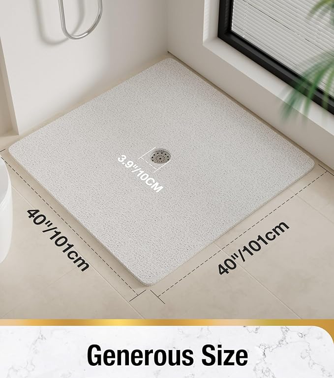 HITSLAM Square Shower Mat, 40 x 40 Inch Non Slip Bath Mat for Tub, Soft PVC Loofah Bathtub Mats with Drain Holes, Quick Drying Bathroom Stall Floor Mat, Bathroom Accessories Without Suction Cup, White