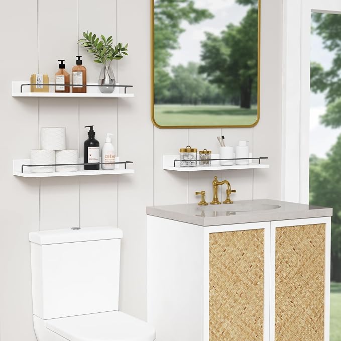 Forbena White Floating Shelves Bathroom Shelves Over Toilet Set of 3, Bathroom Organizers and Storage Shelves Wall Mounted, Modern Wood Corner Wall Shelf for Bedroom Closet -White and Dark Grey